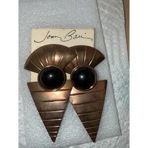 Joan Bair Vintage Statement Earrings Copper Tone Black Cabochon Geometric
